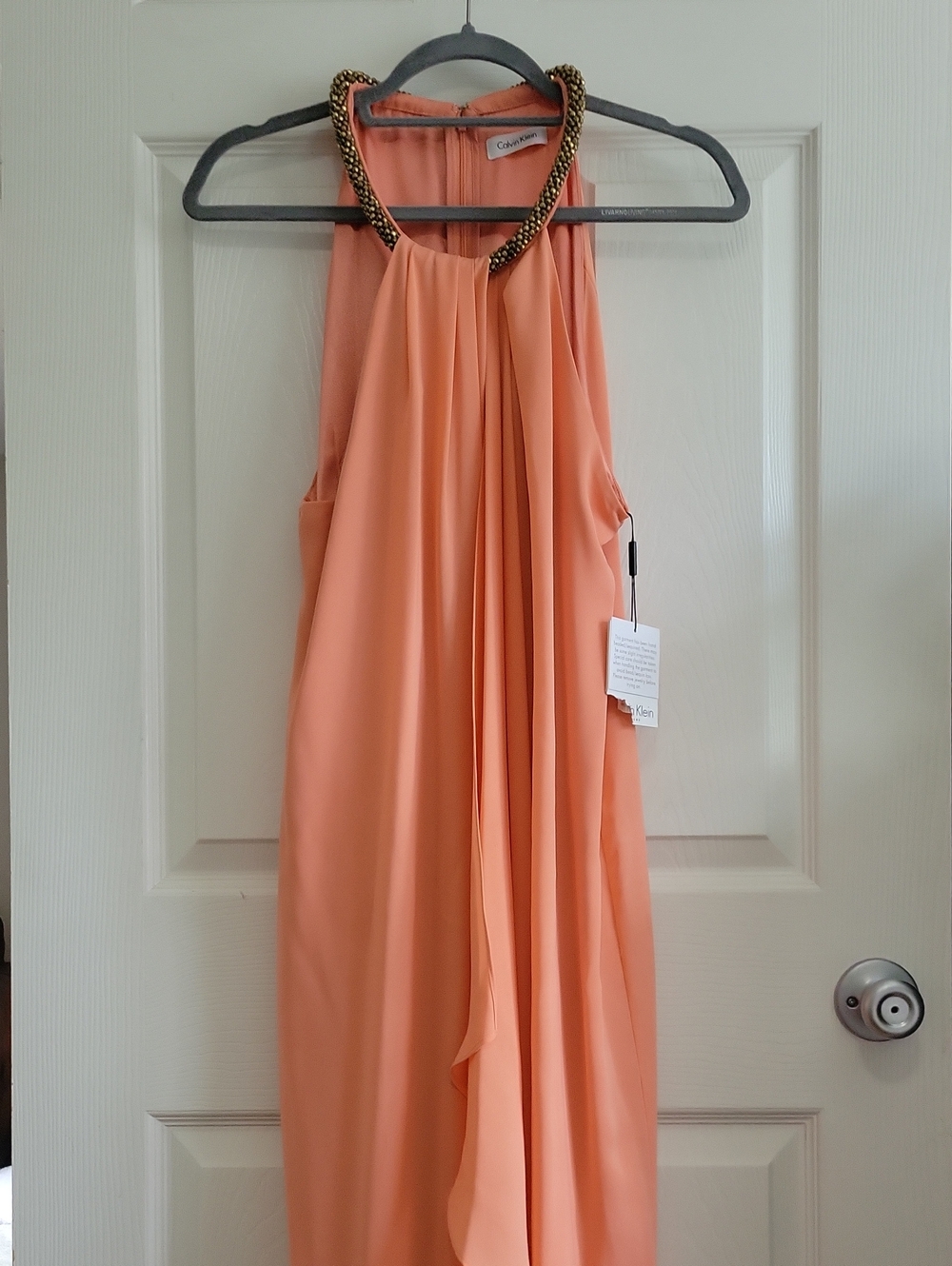 Calvin Klein Hand Beaded Halter Evening Gown Peach 14 NWT Flowy Stunning